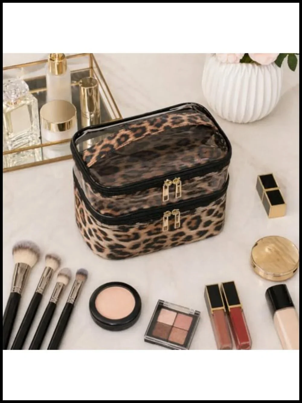 Double Layer Leopard Print Travel Cosmetic Organizer Toiletry Bag